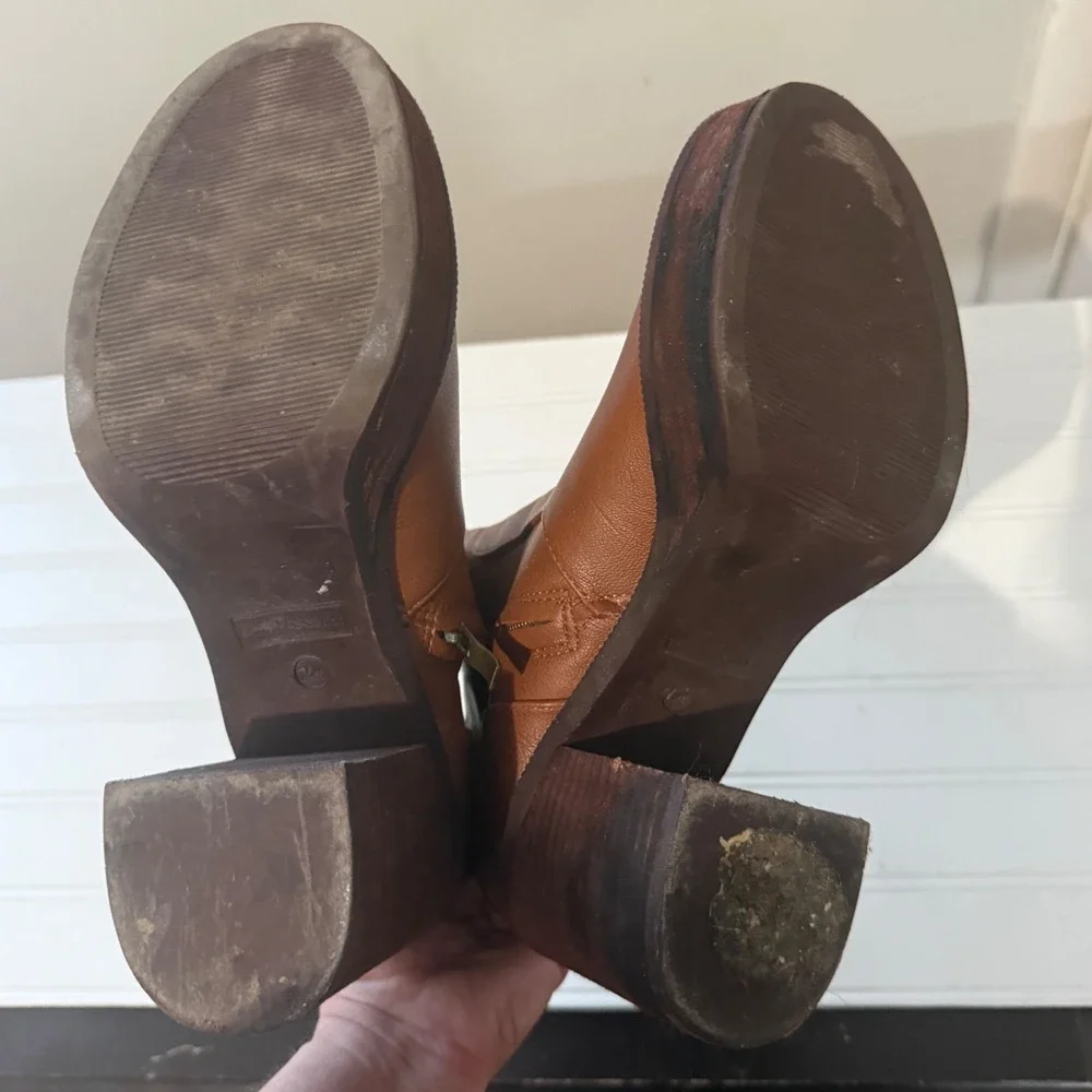 House of Harlow 1960 Ankle Boots Platform Block Heel 7.5 Brown Exc Cognac Wood